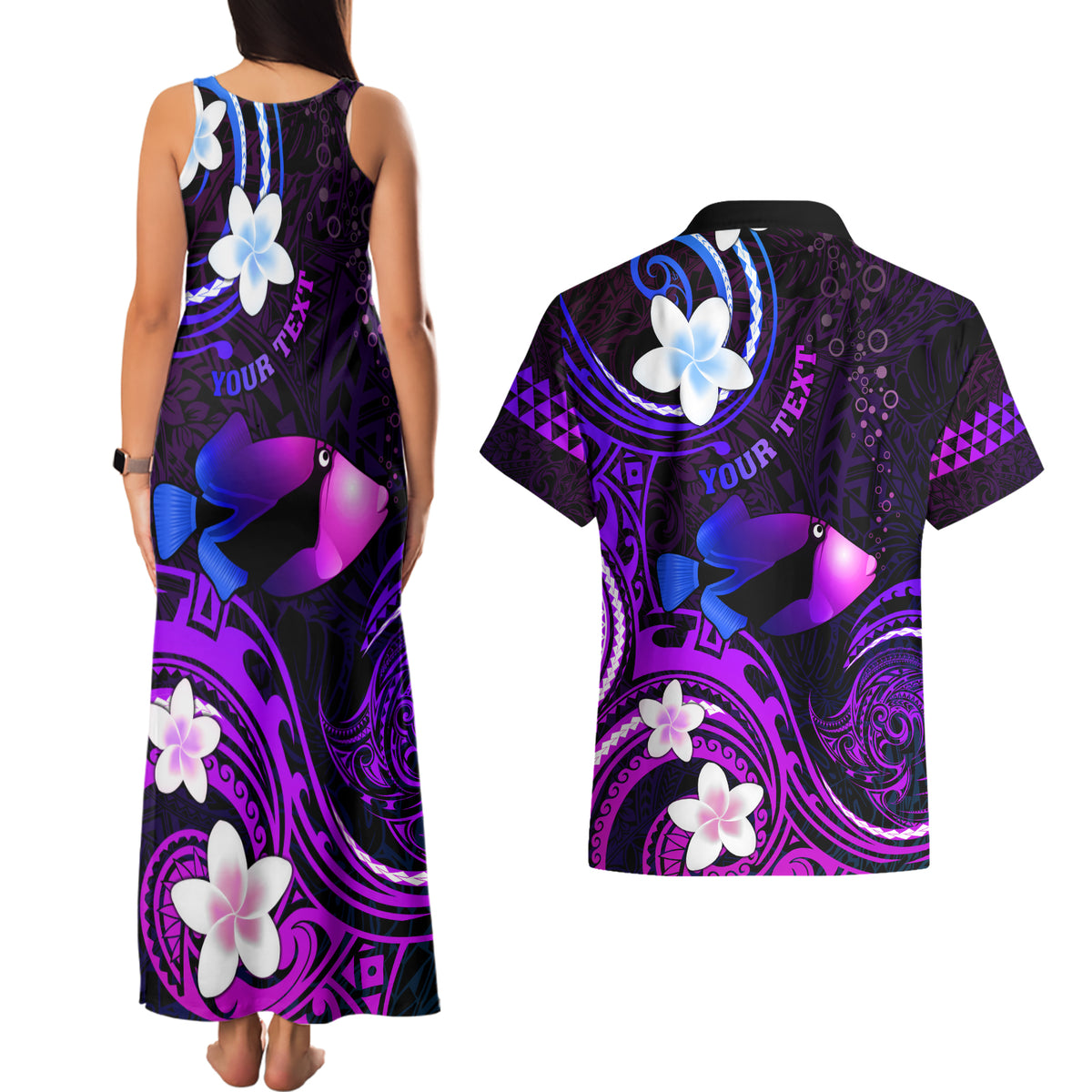 Personalised Hawaii Humuhumu Reef Triggerfish Couples Matching Tank Maxi Dress and Hawaiian Shirt Violet With Plumeria LT05 - Polynesian Pride