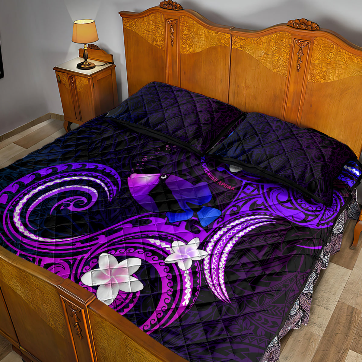 Hawaii Humuhumu Reef Triggerfish Quilt Bed Set Violet With Plumeria LT05 - Polynesian Pride