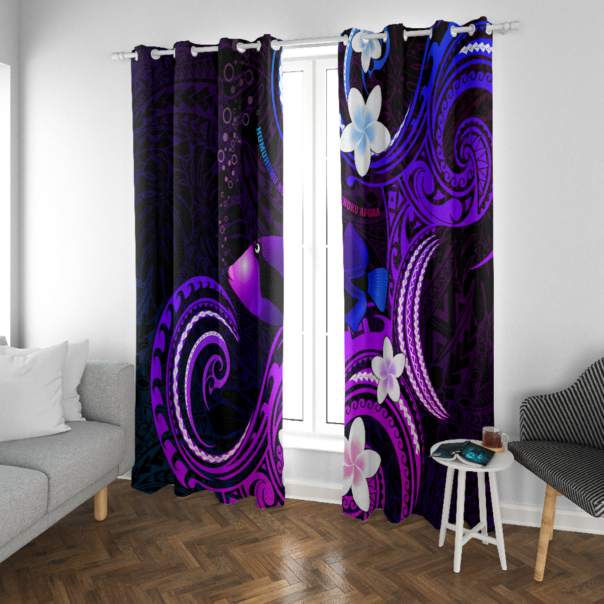 Hawaii Humuhumu Reef Triggerfish Window Curtain Violet With Plumeria LT05 With Grommets Violet - Polynesian Pride