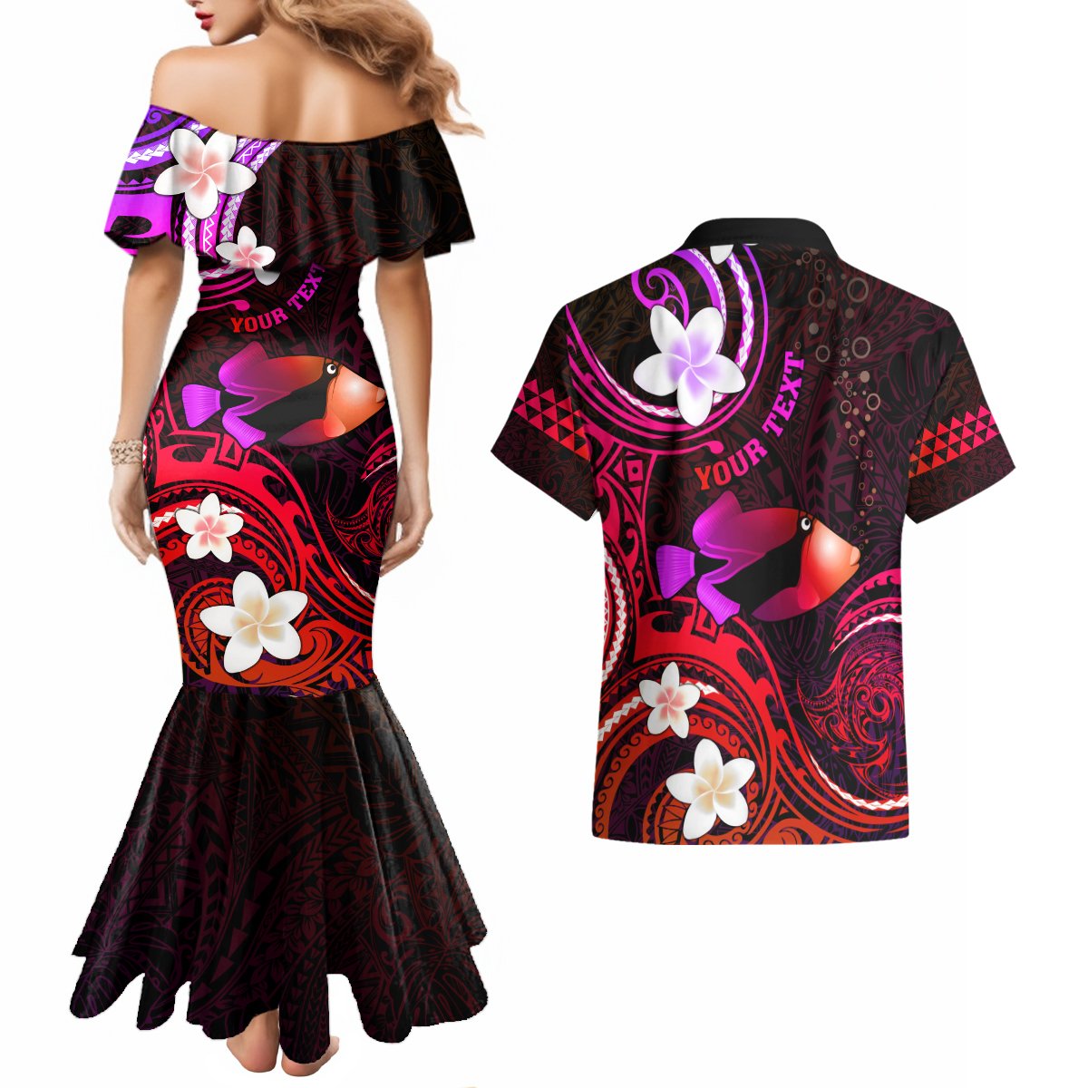Personalised Hawaii Humuhumu Reef Triggerfish Couples Matching Mermaid Dress and Hawaiian Shirt Maroon With Plumeria LT05 - Polynesian Pride