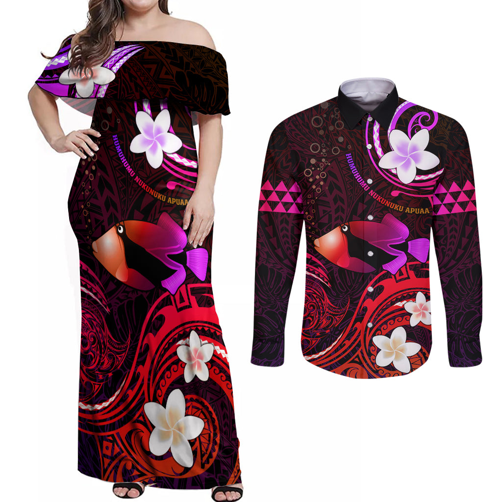Personalised Hawaii Humuhumu Reef Triggerfish Couples Matching Off Shoulder Maxi Dress and Long Sleeve Button Shirt Maroon With Plumeria LT05 Maroon - Polynesian Pride
