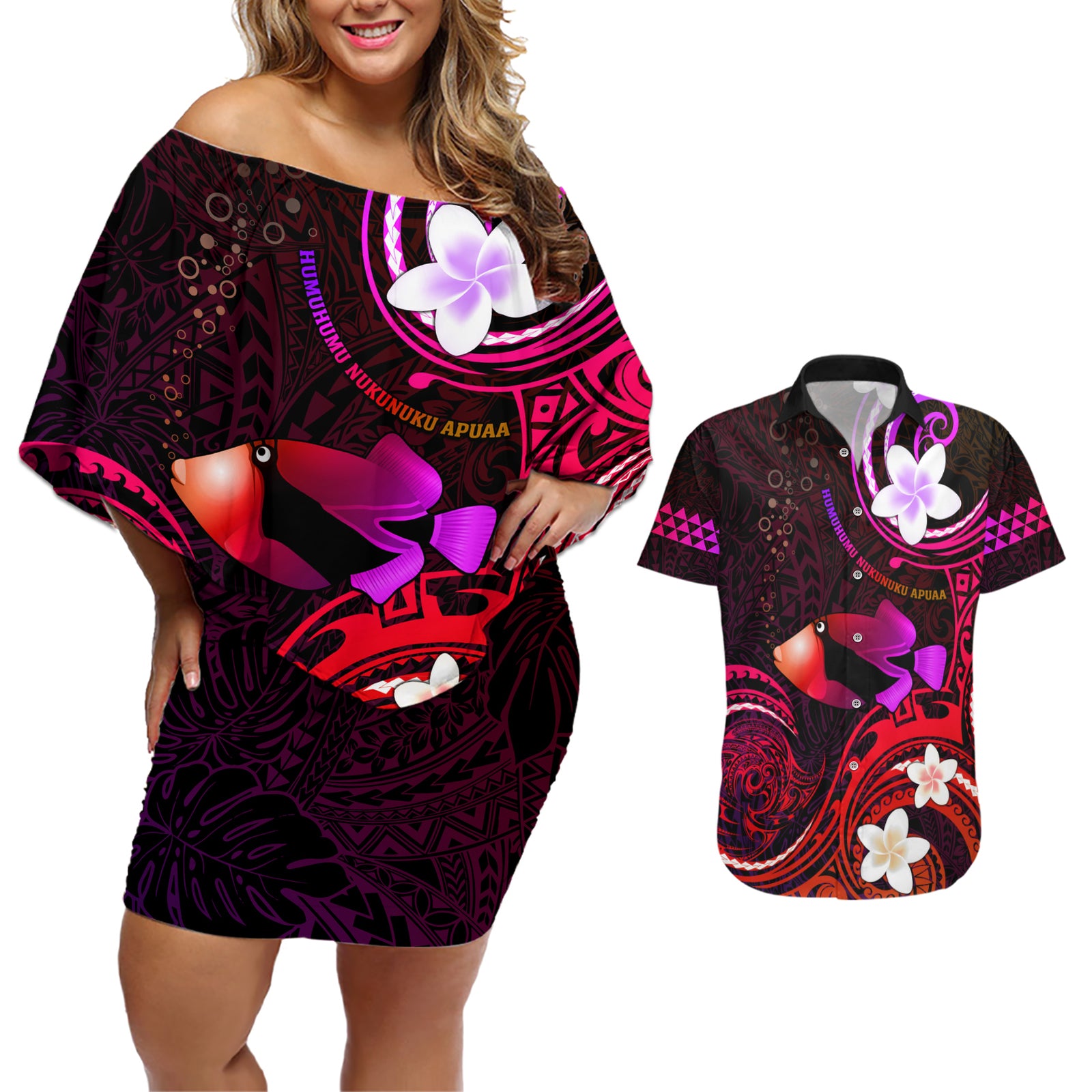 Personalised Hawaii Humuhumu Reef Triggerfish Couples Matching Off Shoulder Short Dress and Hawaiian Shirt Maroon With Plumeria LT05 Maroon - Polynesian Pride