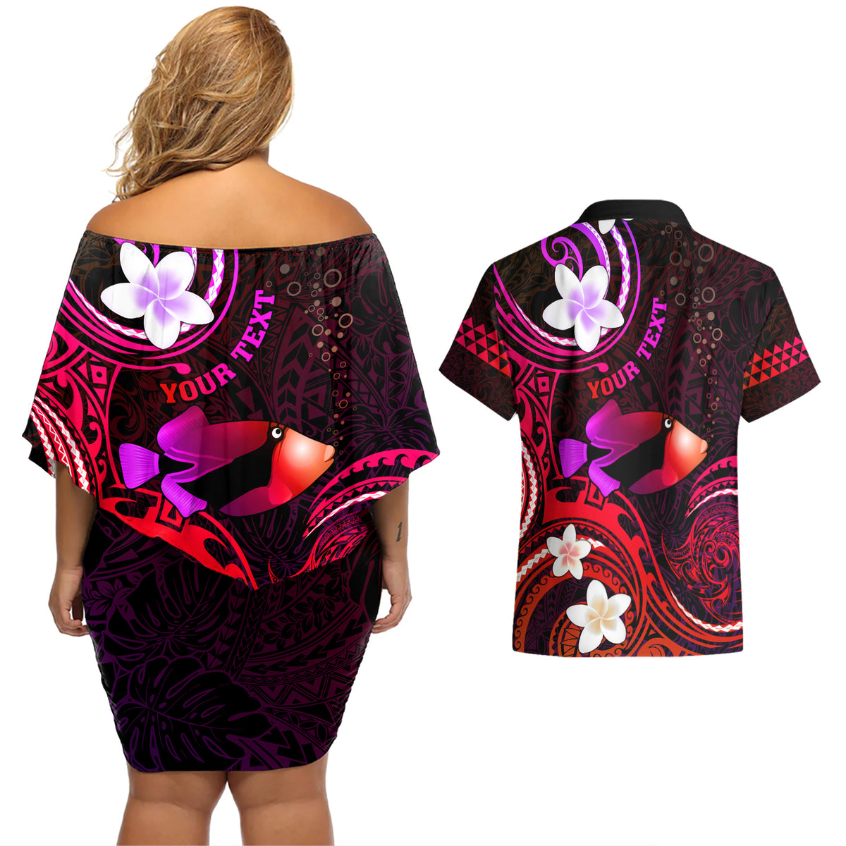 Personalised Hawaii Humuhumu Reef Triggerfish Couples Matching Off Shoulder Short Dress and Hawaiian Shirt Maroon With Plumeria LT05 - Polynesian Pride
