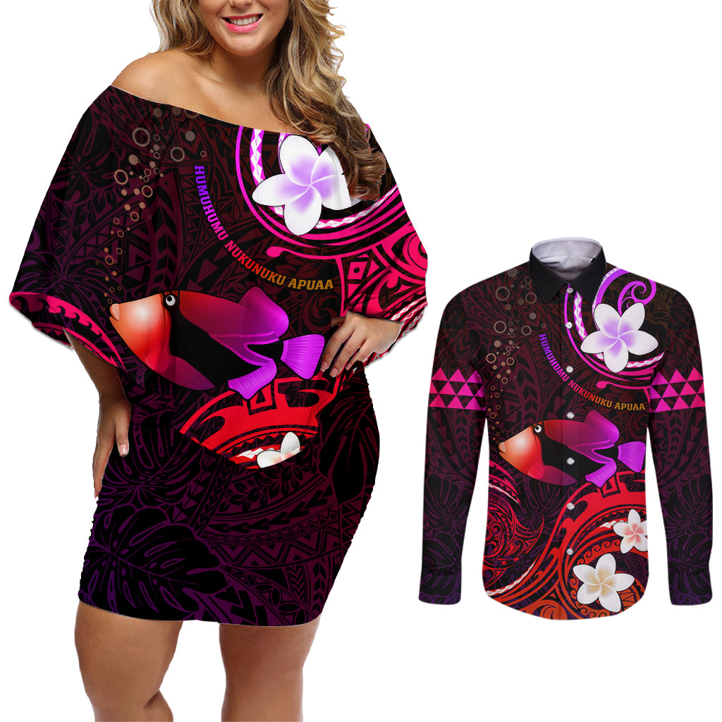 Personalised Hawaii Humuhumu Reef Triggerfish Couples Matching Off Shoulder Short Dress and Long Sleeve Button Shirt Maroon With Plumeria LT05 Maroon - Polynesian Pride
