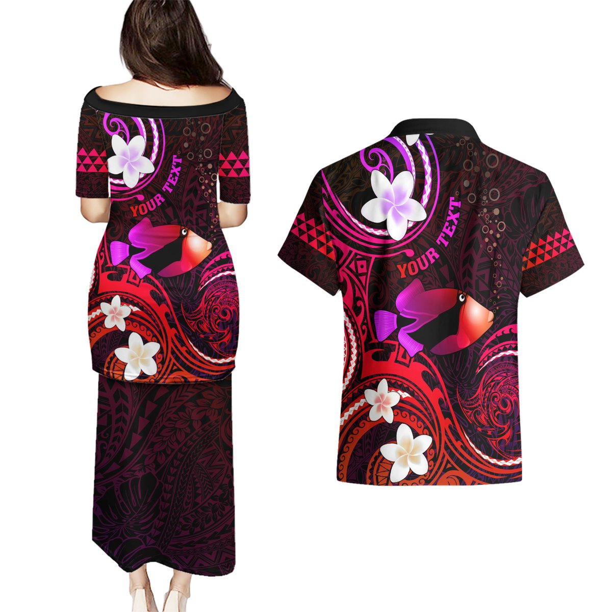 Personalised Hawaii Humuhumu Reef Triggerfish Couples Matching Puletasi and Hawaiian Shirt Maroon With Plumeria LT05 - Polynesian Pride
