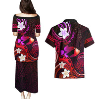 Personalised Hawaii Humuhumu Reef Triggerfish Couples Matching Puletasi and Hawaiian Shirt Maroon With Plumeria LT05 - Polynesian Pride