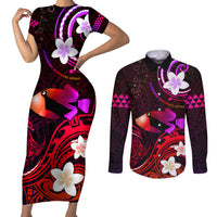 Personalised Hawaii Humuhumu Reef Triggerfish Couples Matching Short Sleeve Bodycon Dress and Long Sleeve Button Shirt Maroon With Plumeria LT05 Maroon - Polynesian Pride