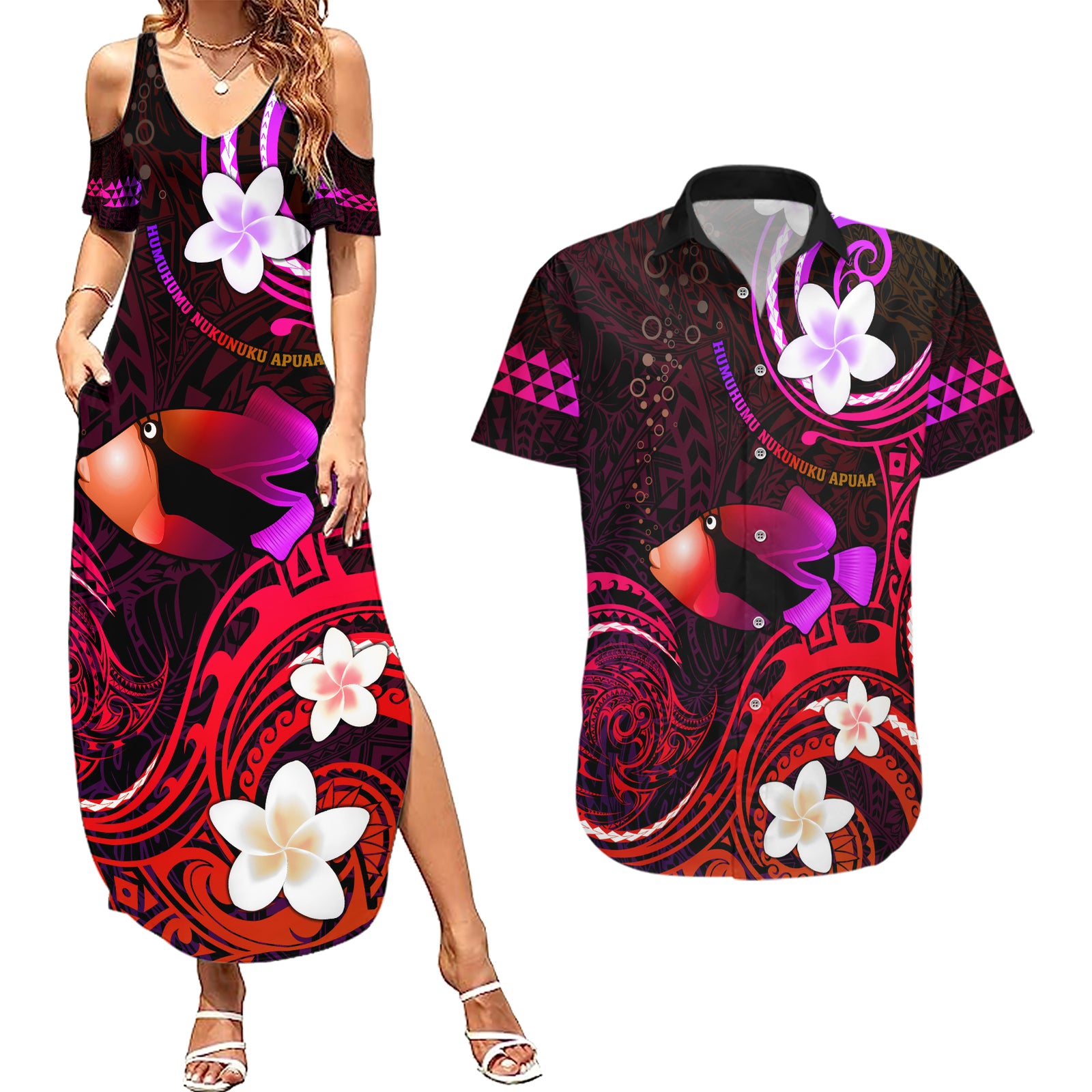 Personalised Hawaii Humuhumu Reef Triggerfish Couples Matching Summer Maxi Dress and Hawaiian Shirt Maroon With Plumeria LT05 Maroon - Polynesian Pride