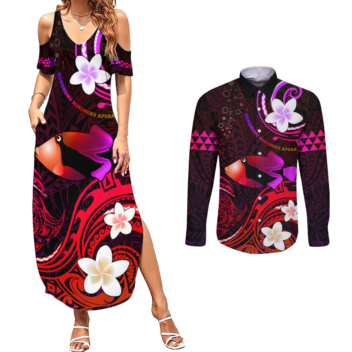 Personalised Hawaii Humuhumu Reef Triggerfish Couples Matching Summer Maxi Dress and Long Sleeve Button Shirt Maroon With Plumeria LT05 Maroon - Polynesian Pride