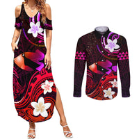 Personalised Hawaii Humuhumu Reef Triggerfish Couples Matching Summer Maxi Dress and Long Sleeve Button Shirt Maroon With Plumeria LT05 Maroon - Polynesian Pride