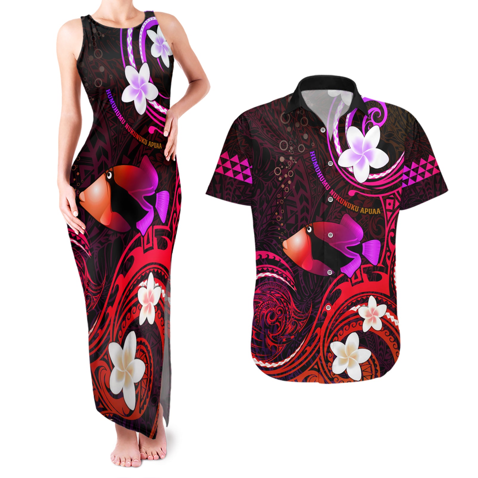 Personalised Hawaii Humuhumu Reef Triggerfish Couples Matching Tank Maxi Dress and Hawaiian Shirt Maroon With Plumeria LT05 Maroon - Polynesian Pride