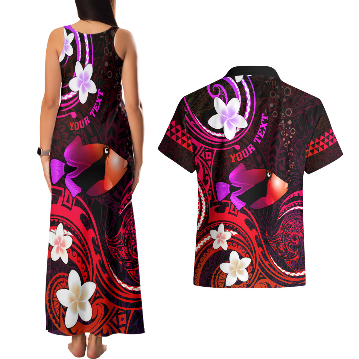 Personalised Hawaii Humuhumu Reef Triggerfish Couples Matching Tank Maxi Dress and Hawaiian Shirt Maroon With Plumeria LT05 - Polynesian Pride