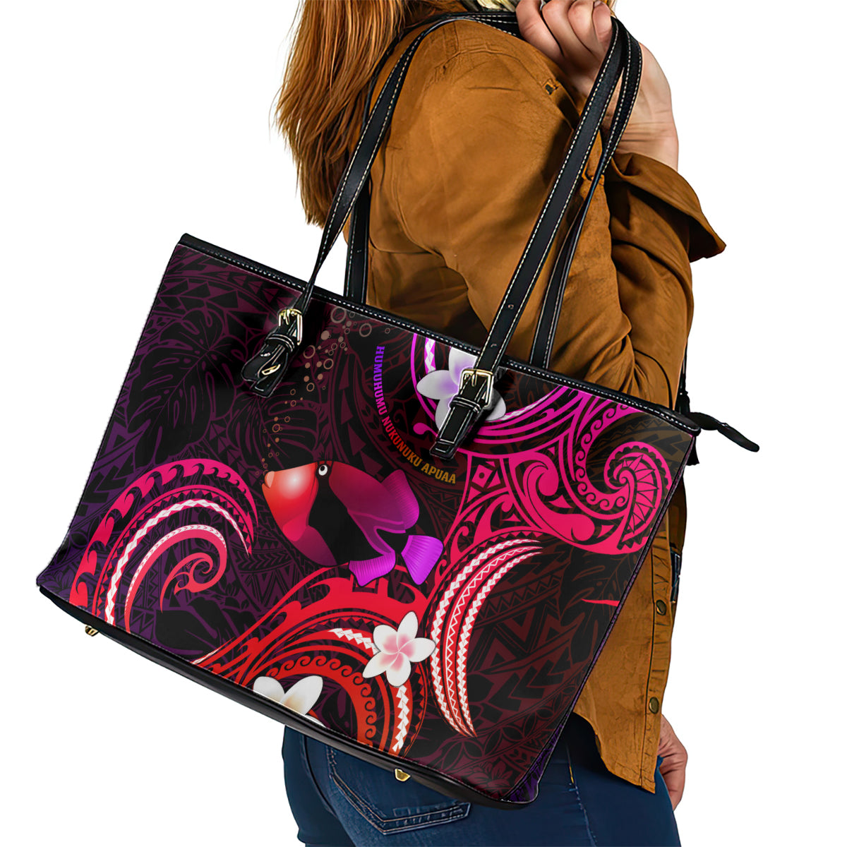 Hawaii Humuhumu Reef Triggerfish Leather Tote Bag Maroon With Plumeria LT05 - Polynesian Pride