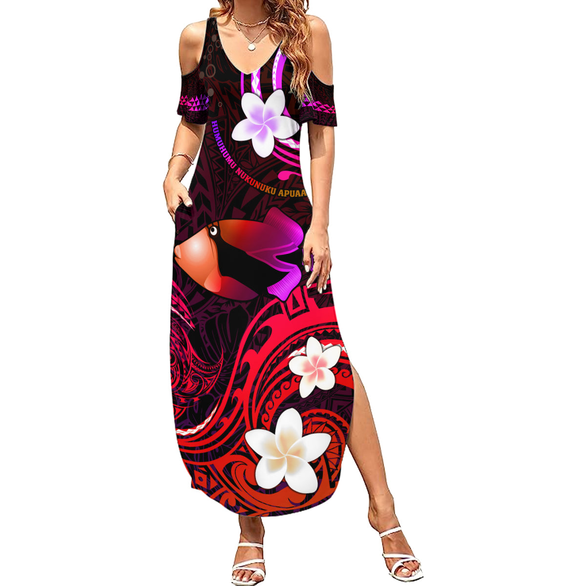 Personalised Hawaii Humuhumu Reef Triggerfish Summer Maxi Dress Maroon With Plumeria LT05 Women Maroon - Polynesian Pride