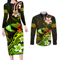 Personalised Hawaii Humuhumu Reef Triggerfish Couples Matching Long Sleeve Bodycon Dress and Long Sleeve Button Shirt Reggae With Plumeria LT05 Reggae - Polynesian Pride