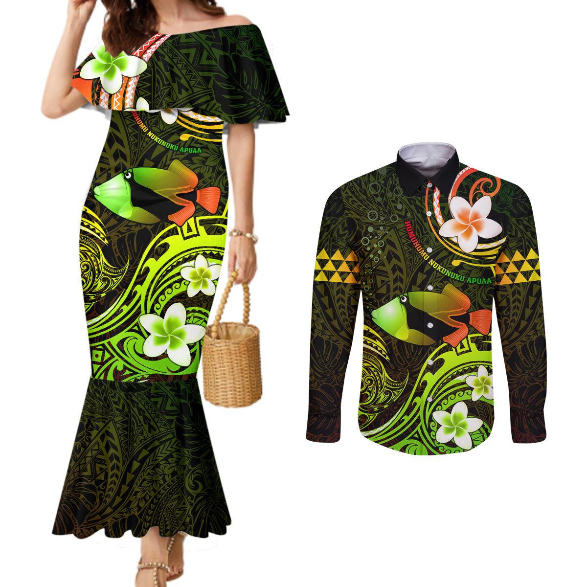 Personalised Hawaii Humuhumu Reef Triggerfish Couples Matching Mermaid Dress and Long Sleeve Button Shirt Reggae With Plumeria LT05 Reggae - Polynesian Pride