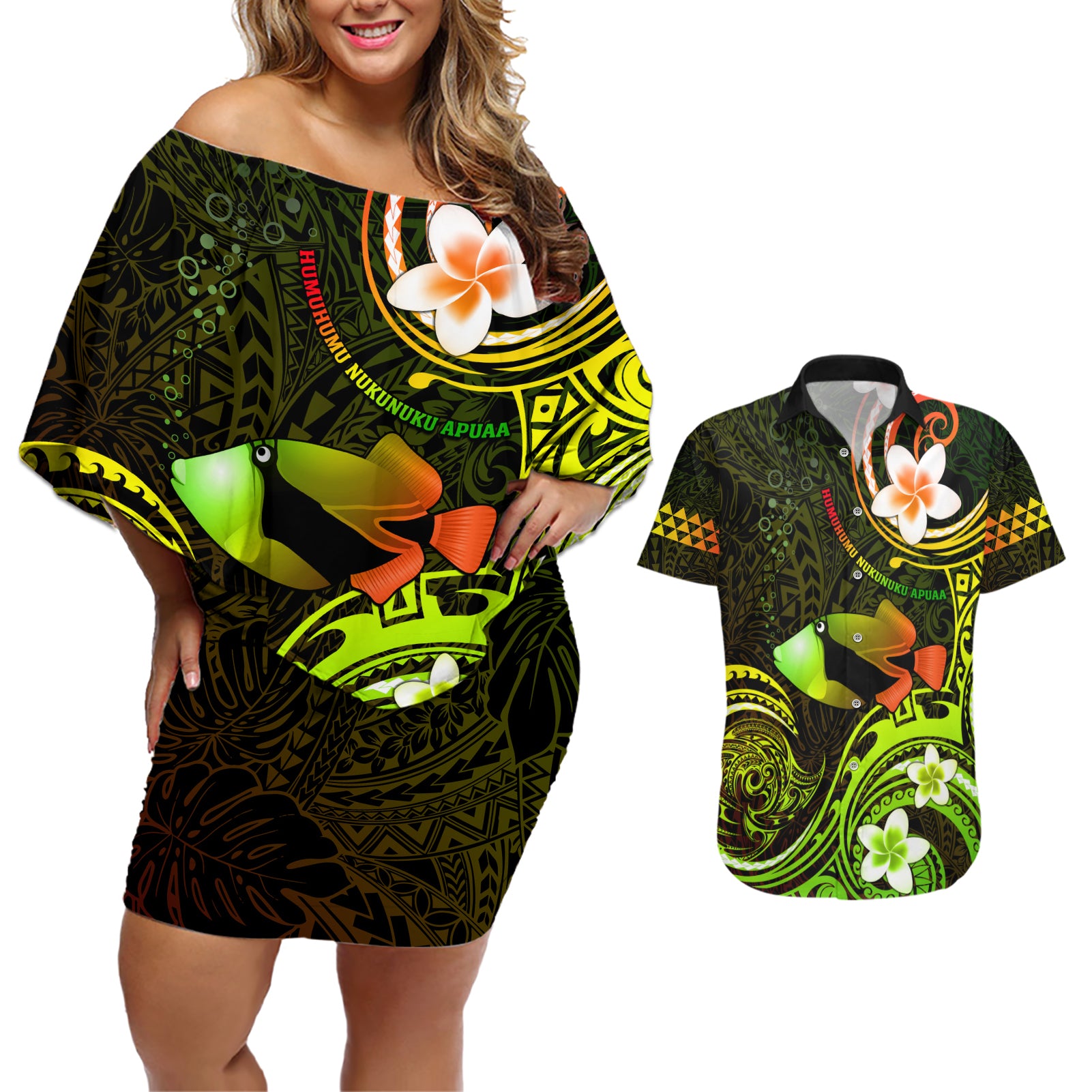 Personalised Hawaii Humuhumu Reef Triggerfish Couples Matching Off Shoulder Short Dress and Hawaiian Shirt Reggae With Plumeria LT05 Reggae - Polynesian Pride
