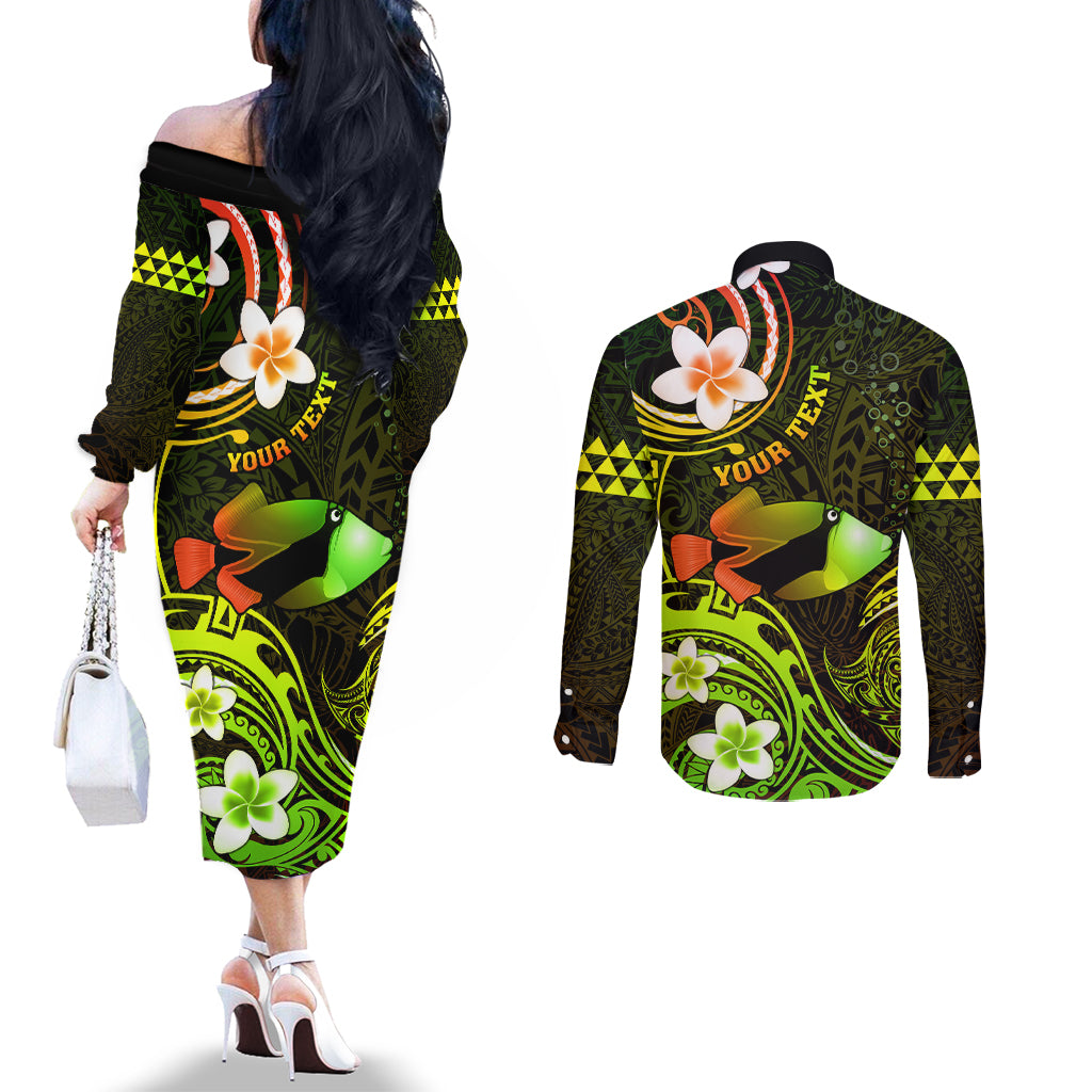 Personalised Hawaii Humuhumu Reef Triggerfish Couples Matching Off The Shoulder Long Sleeve Dress and Long Sleeve Button Shirt Reggae With Plumeria LT05 - Polynesian Pride