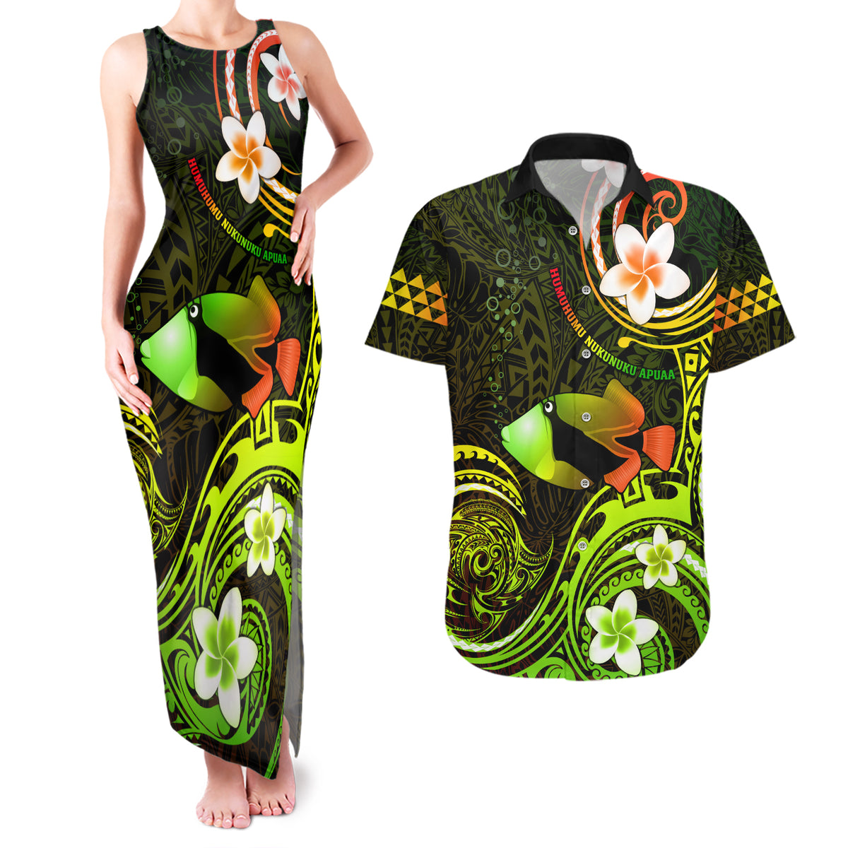 Personalised Hawaii Humuhumu Reef Triggerfish Couples Matching Tank Maxi Dress and Hawaiian Shirt Reggae With Plumeria LT05 Reggae - Polynesian Pride