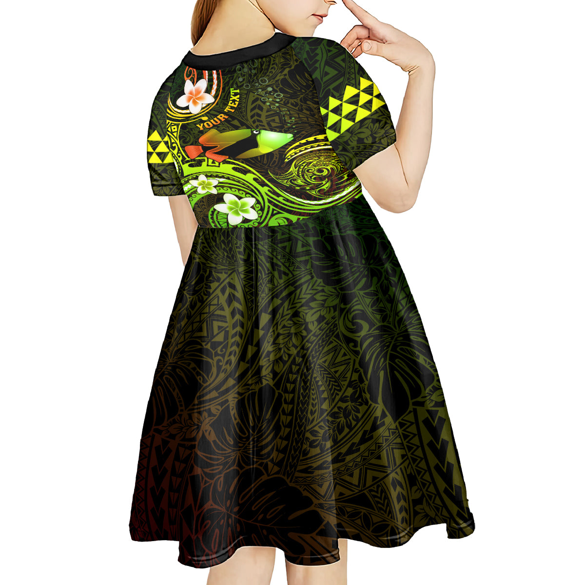 Personalised Hawaii Humuhumu Reef Triggerfish Kid Short Sleeve Dress Reggae With Plumeria LT05 - Polynesian Pride