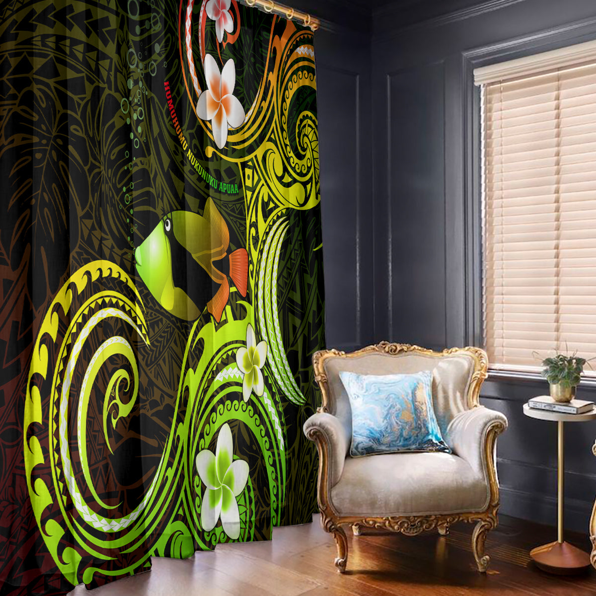 Hawaii Humuhumu Reef Triggerfish Window Curtain Reggae With Plumeria LT05 - Polynesian Pride