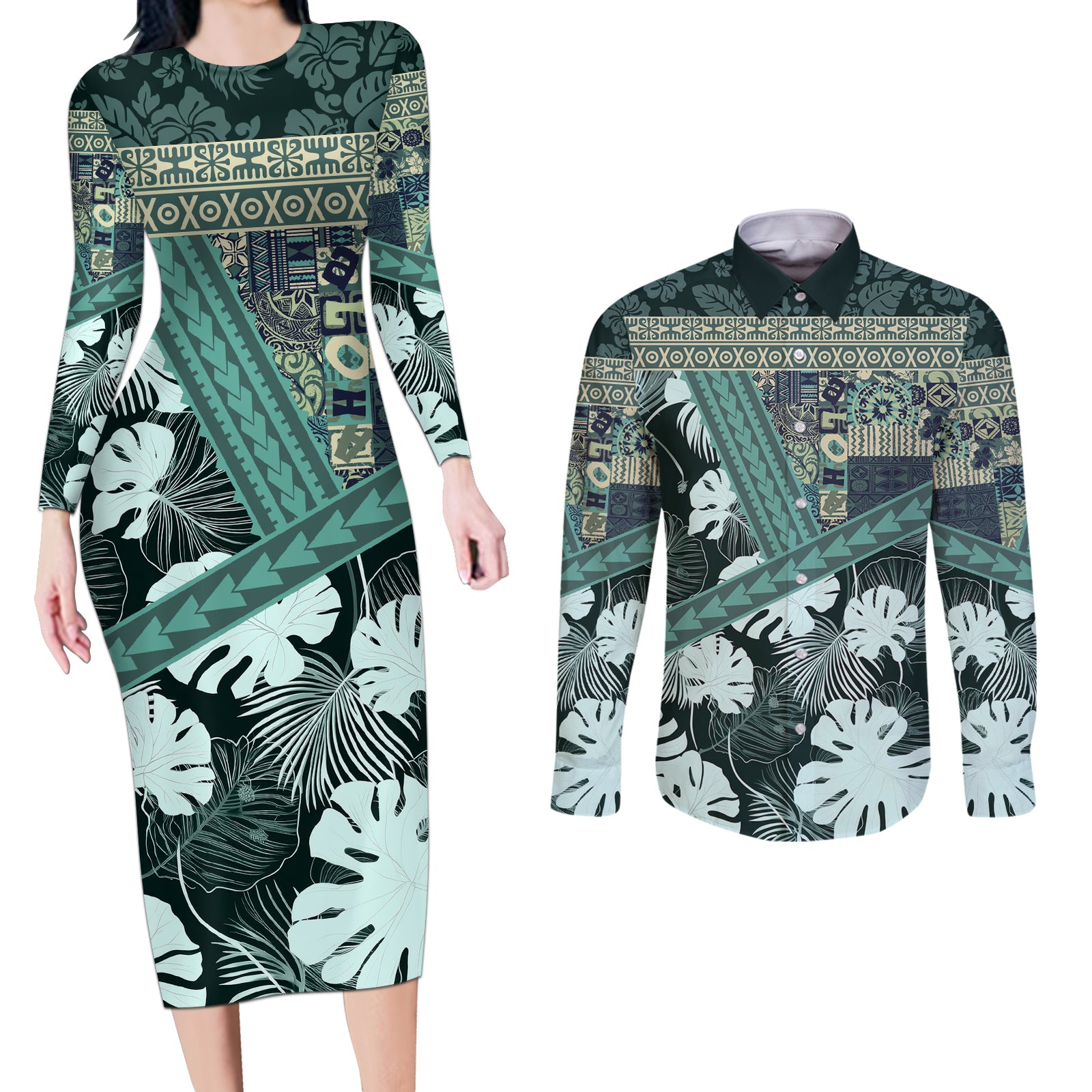 Hawaii Plant Kalo Couples Matching Long Sleeve Bodycon Dress and Long Sleeve Button Shirt Hawaiian Tapa Pattern LT05 Green - Polynesian Pride