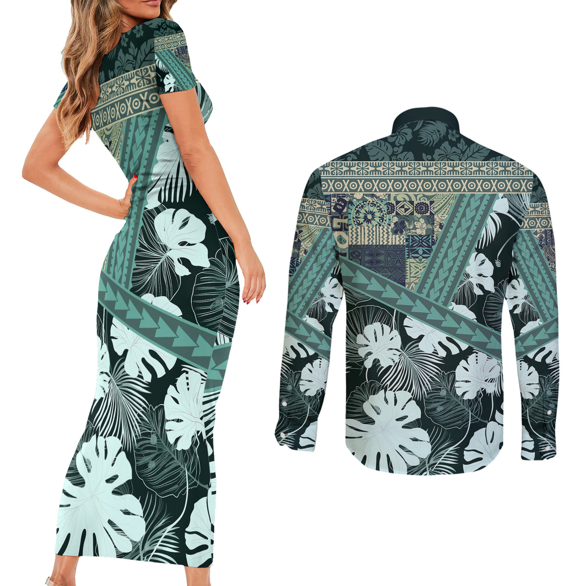 Hawaii Plant Kalo Couples Matching Short Sleeve Bodycon Dress and Long Sleeve Button Shirt Hawaiian Tapa Pattern LT05 - Polynesian Pride