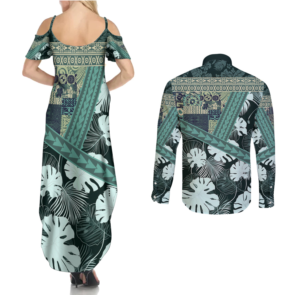 Hawaii Plant Kalo Couples Matching Summer Maxi Dress and Long Sleeve Button Shirt Hawaiian Tapa Pattern LT05 - Polynesian Pride
