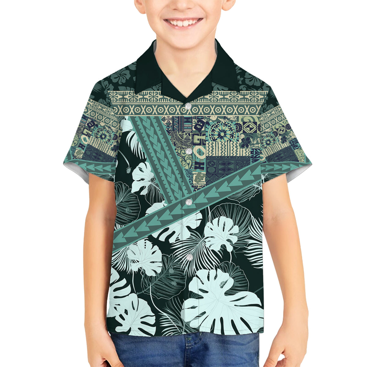 Hawaii Plant Kalo Family Matching Off Shoulder Long Sleeve Dress and Hawaiian Shirt Hawaiian Tapa Pattern LT05 Son's Shirt Green - Polynesian Pride