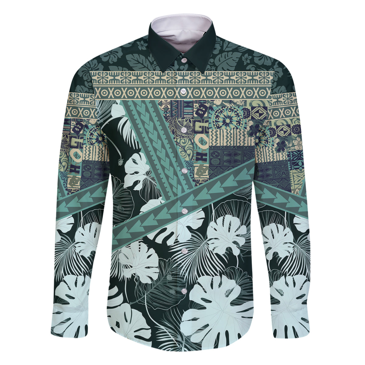 Hawaii Plant Kalo Family Matching Short Sleeve Bodycon Dress and Hawaiian Shirt Hawaiian Tapa Pattern LT05 Dad's Shirt - Long Sleeve Green - Polynesian Pride