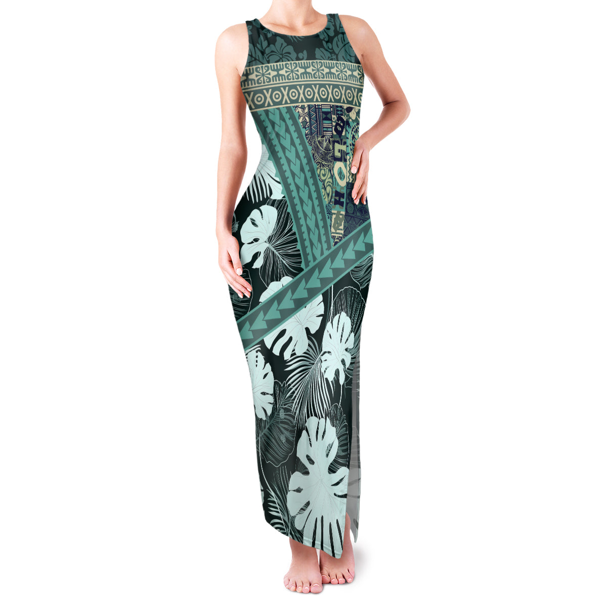 Hawaii Plant Kalo Family Matching Tank Maxi Dress and Hawaiian Shirt Hawaiian Tapa Pattern LT05 Mom's Dress Green - Polynesian Pride