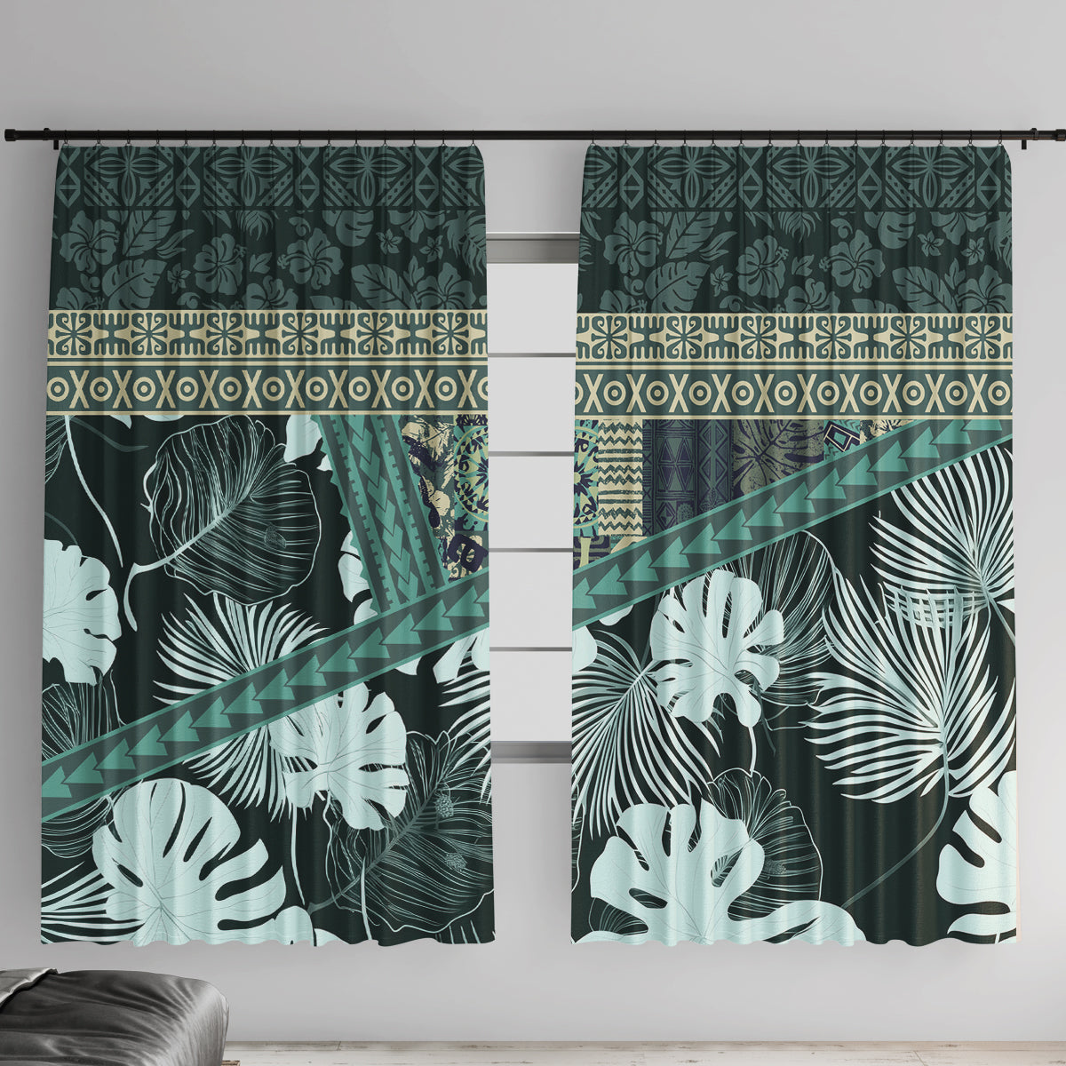 Hawaii Plant Kalo Window Curtain Hawaiian Tapa Pattern LT05 With Hooks Green - Polynesian Pride