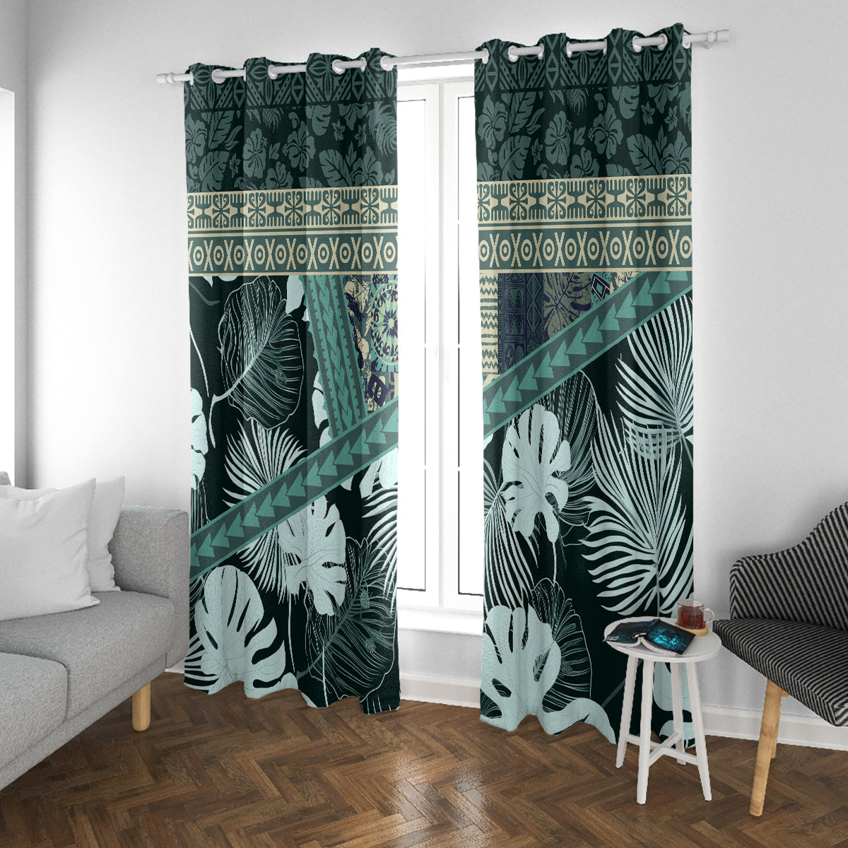 Hawaii Plant Kalo Window Curtain Hawaiian Tapa Pattern LT05 With Grommets Green - Polynesian Pride