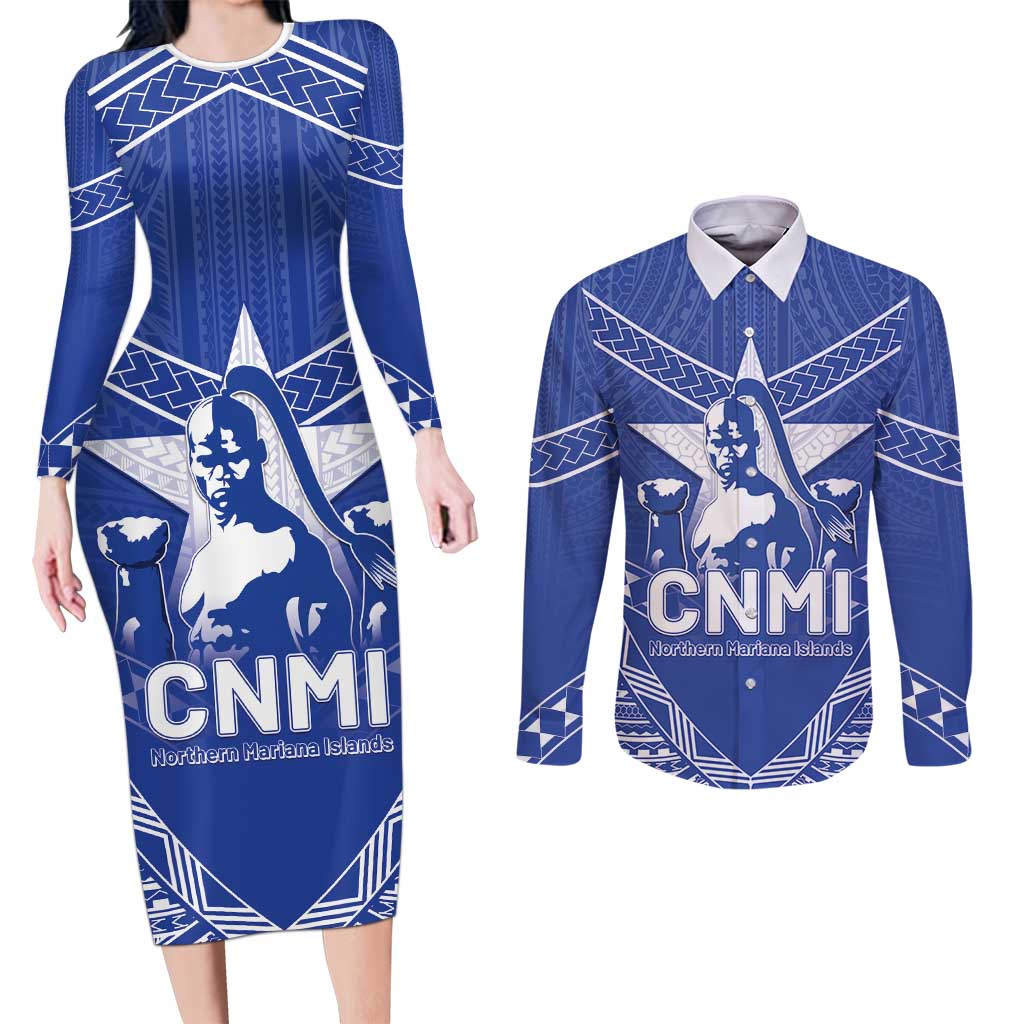 Northern Mariana Islands Couples Matching Long Sleeve Bodycon Dress and Long Sleeve Button Shirt Chamorro Warrior Tribal Pattern