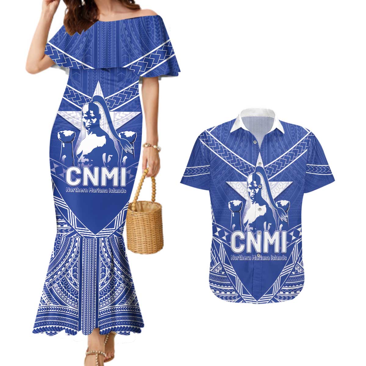 Northern Mariana Islands Couples Matching Mermaid Dress and Hawaiian Shirt Chamorro Warrior Tribal Pattern