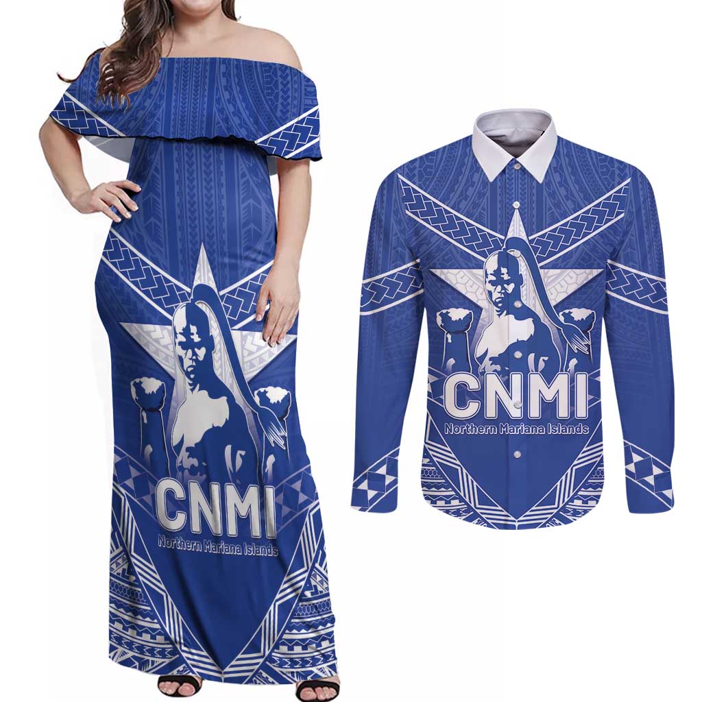 Northern Mariana Islands Couples Matching Off Shoulder Maxi Dress and Long Sleeve Button Shirt Chamorro Warrior Tribal Pattern