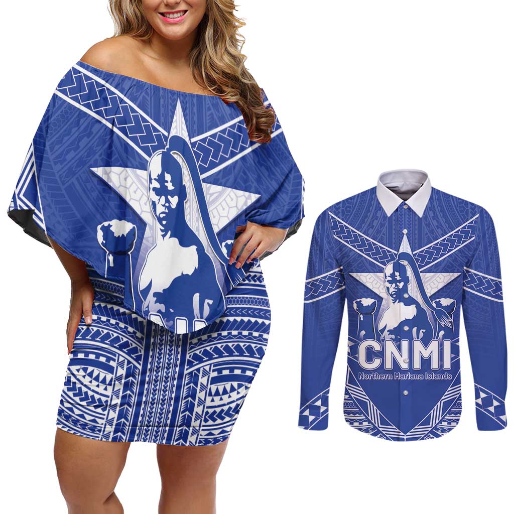 Northern Mariana Islands Couples Matching Off Shoulder Short Dress and Long Sleeve Button Shirt Chamorro Warrior Tribal Pattern