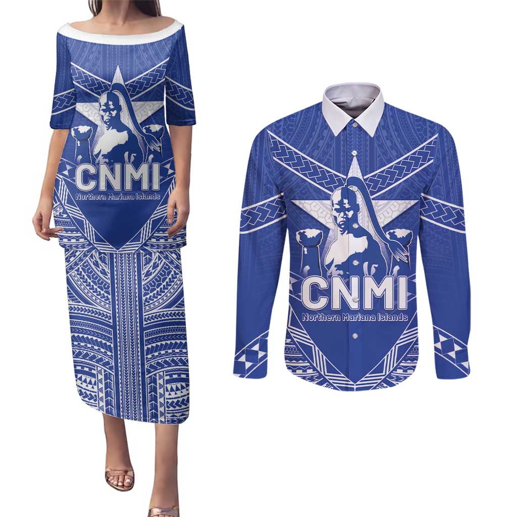 Northern Mariana Islands Couples Matching Puletasi and Long Sleeve Button Shirt Chamorro Warrior Tribal Pattern