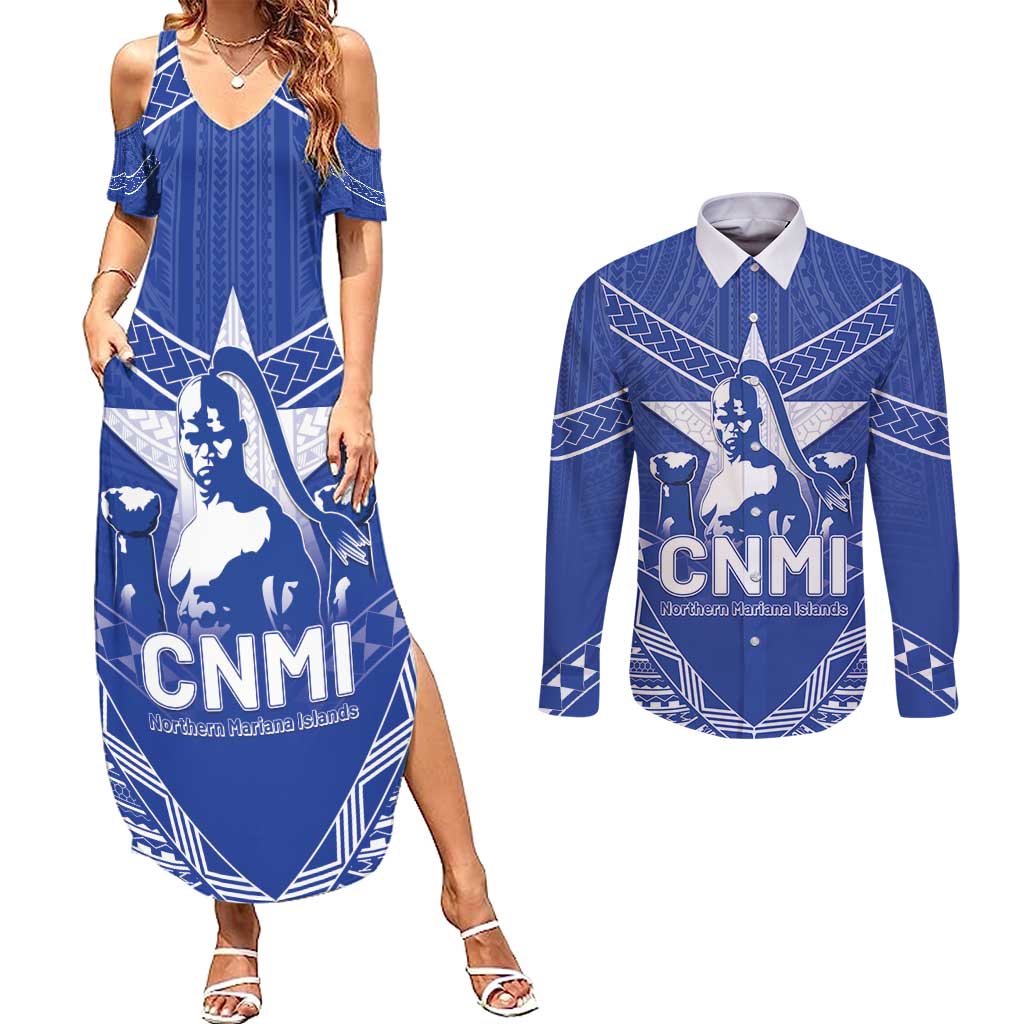 Northern Mariana Islands Couples Matching Summer Maxi Dress and Long Sleeve Button Shirt Chamorro Warrior Tribal Pattern