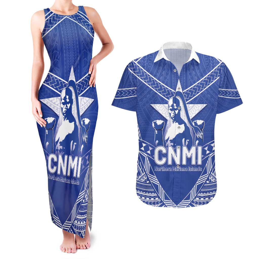 Northern Mariana Islands Couples Matching Tank Maxi Dress and Hawaiian Shirt Chamorro Warrior Tribal Pattern