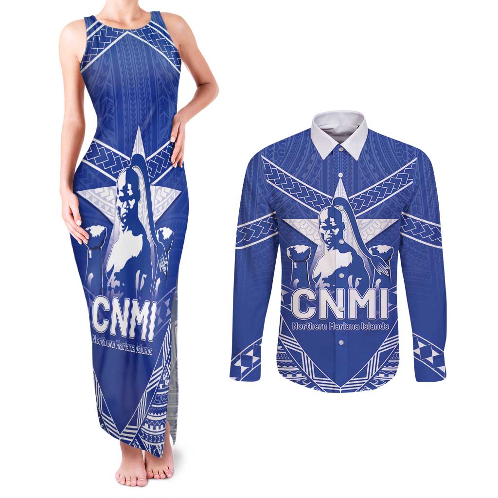 Northern Mariana Islands Couples Matching Tank Maxi Dress and Long Sleeve Button Shirt Chamorro Warrior Tribal Pattern