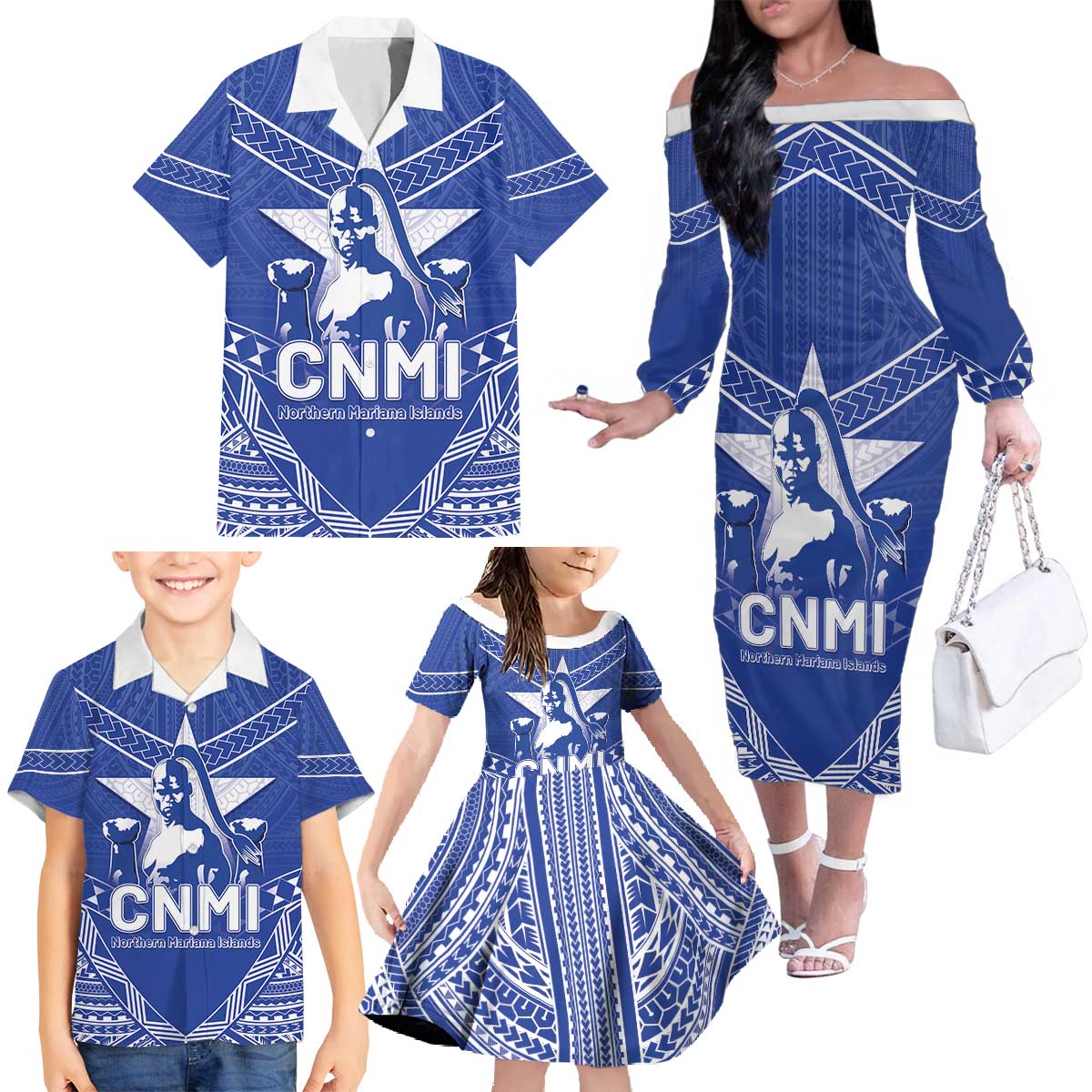 Northern Mariana Islands Family Matching Off The Shoulder Long Sleeve Dress and Hawaiian Shirt Chamorro Warrior Tribal Pattern