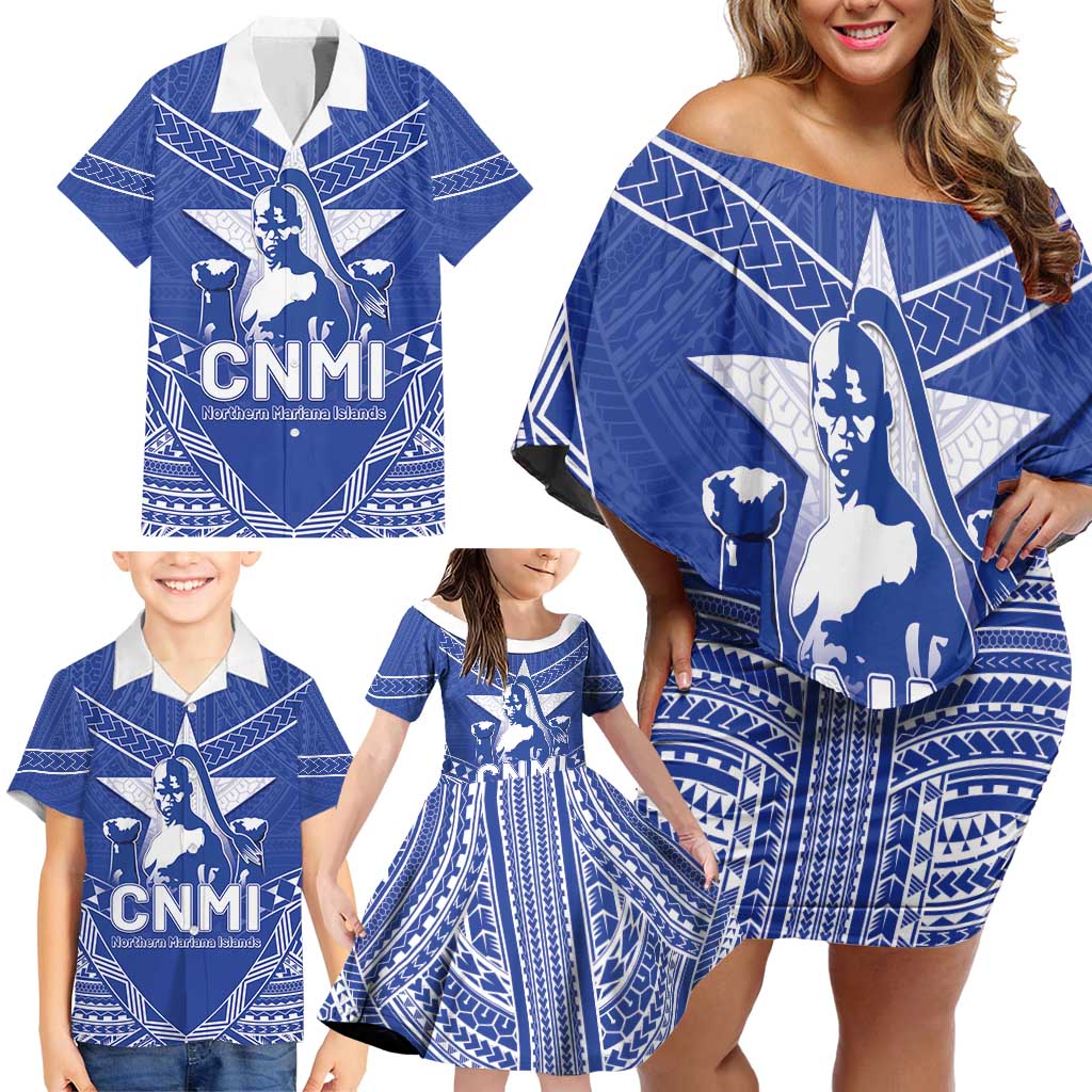 Northern Mariana Islands Family Matching Off Shoulder Short Dress and Hawaiian Shirt Chamorro Warrior Tribal Pattern