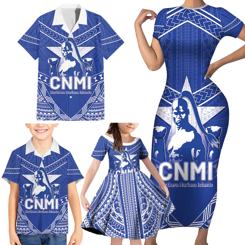 Northern Mariana Islands Family Matching Short Sleeve Bodycon Dress and Hawaiian Shirt Chamorro Warrior Tribal Pattern