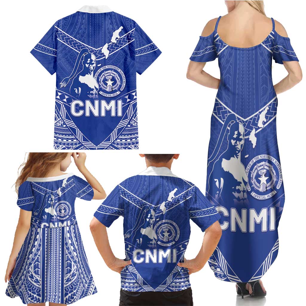 Northern Mariana Islands Family Matching Summer Maxi Dress and Hawaiian Shirt Chamorro Warrior Tribal Pattern