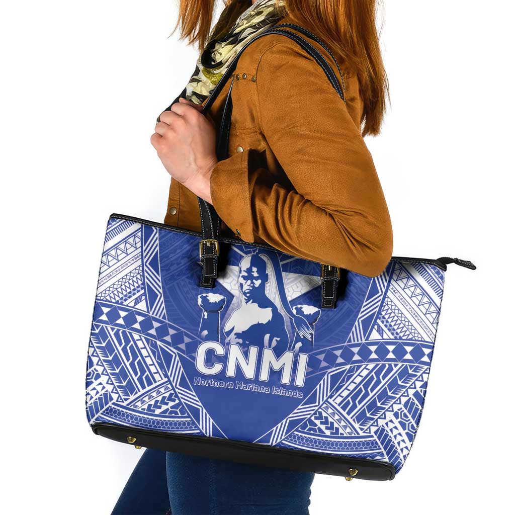 Northern Mariana Islands Leather Tote Bag Chamorro Warrior Tribal Pattern