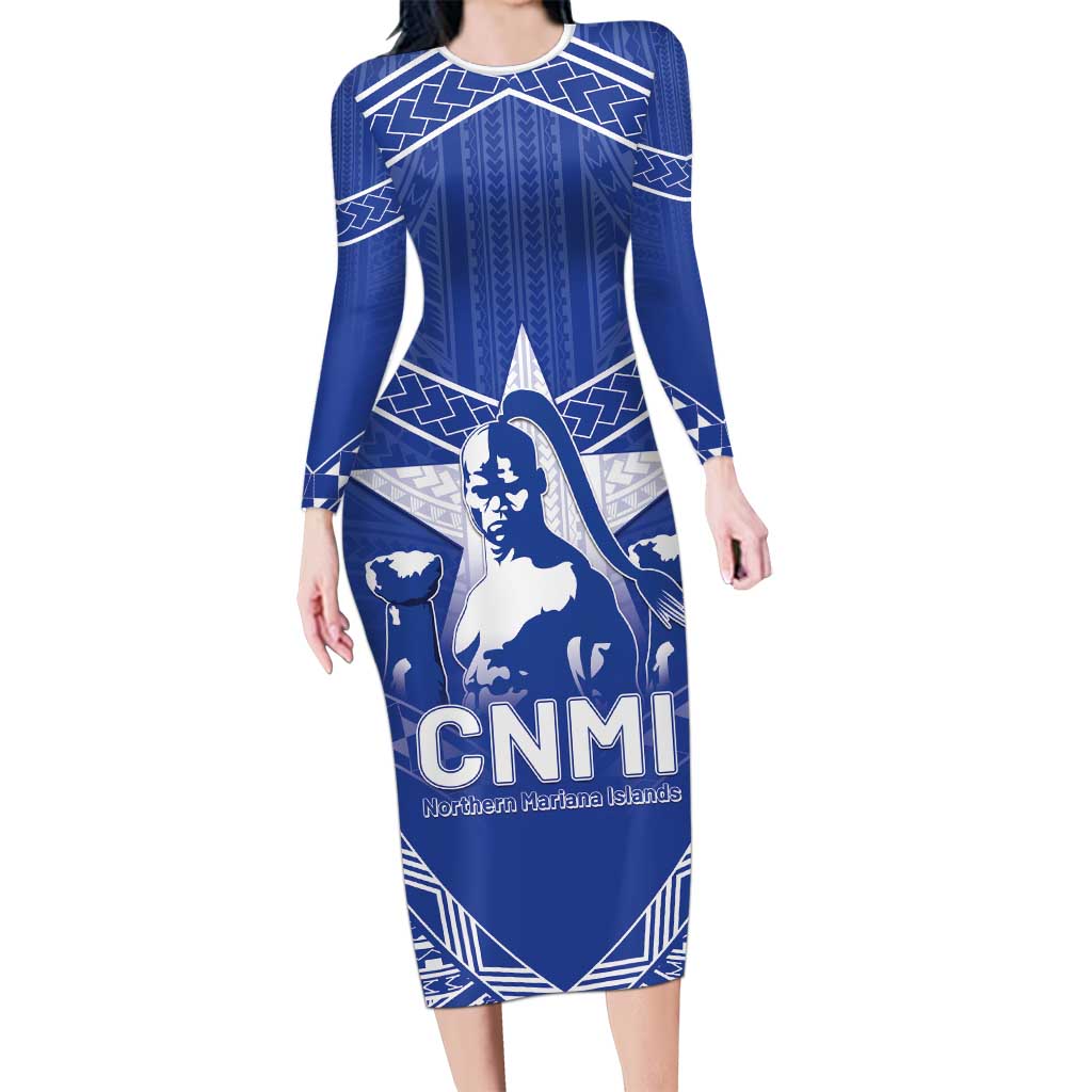 Northern Mariana Islands Long Sleeve Bodycon Dress Chamorro Warrior Tribal Pattern