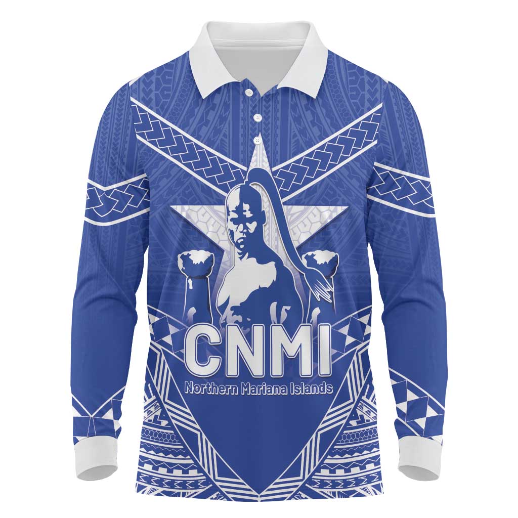 Northern Mariana Islands Long Sleeve Polo Shirt Chamorro Warrior Tribal Pattern