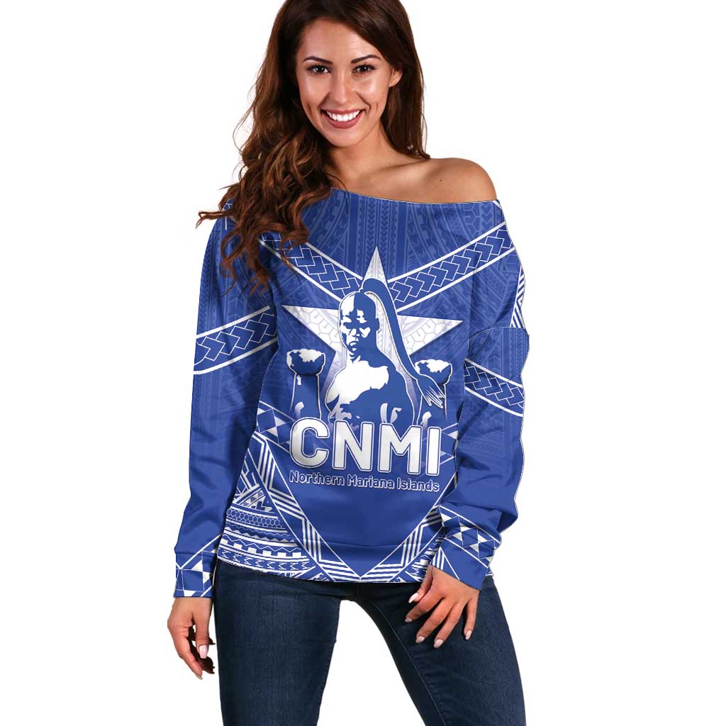 Northern Mariana Islands Off Shoulder Sweater Chamorro Warrior Tribal Pattern