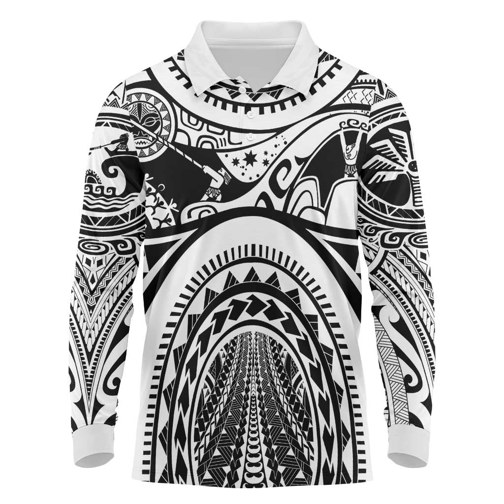 Polynesia Maui Tattoo Inspired Long Sleeve Polo Shirt White Version LT05 White - Polynesian Pride
